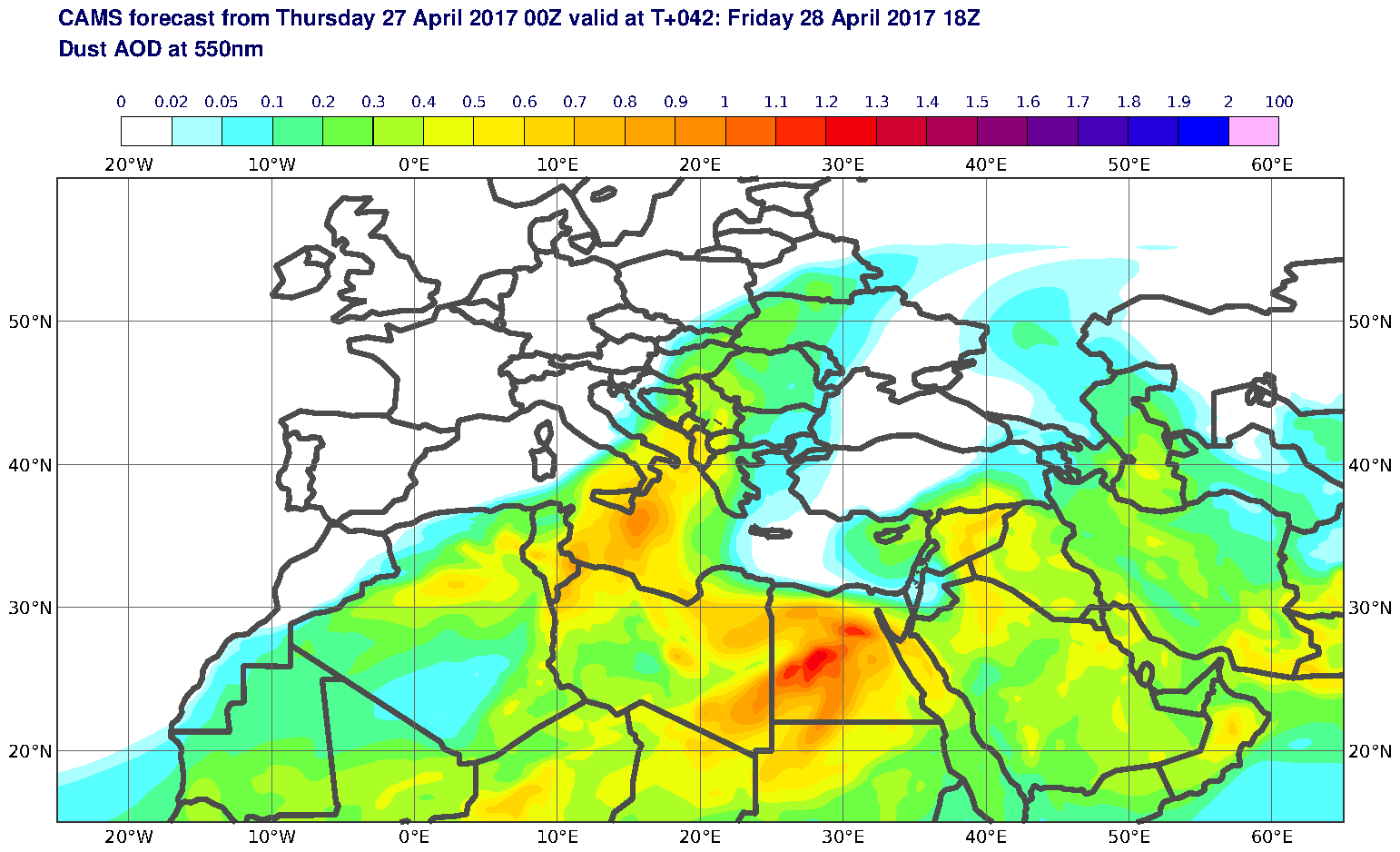 Dust AOD at 550nm valid at T42 - 2017-04-28 18:00