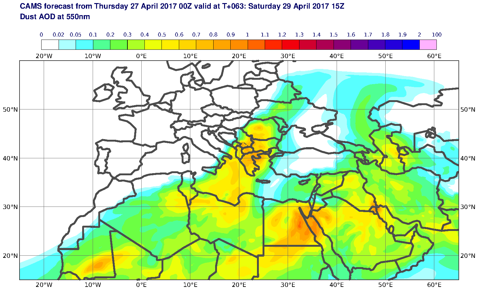 Dust AOD at 550nm valid at T63 - 2017-04-29 15:00