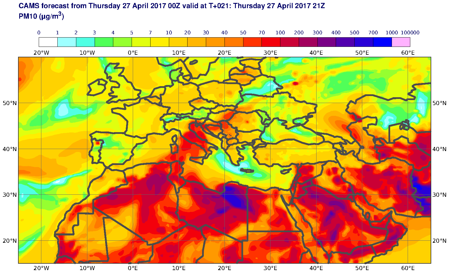 PM10 (μg/m3) valid at T21 - 2017-04-27 21:00