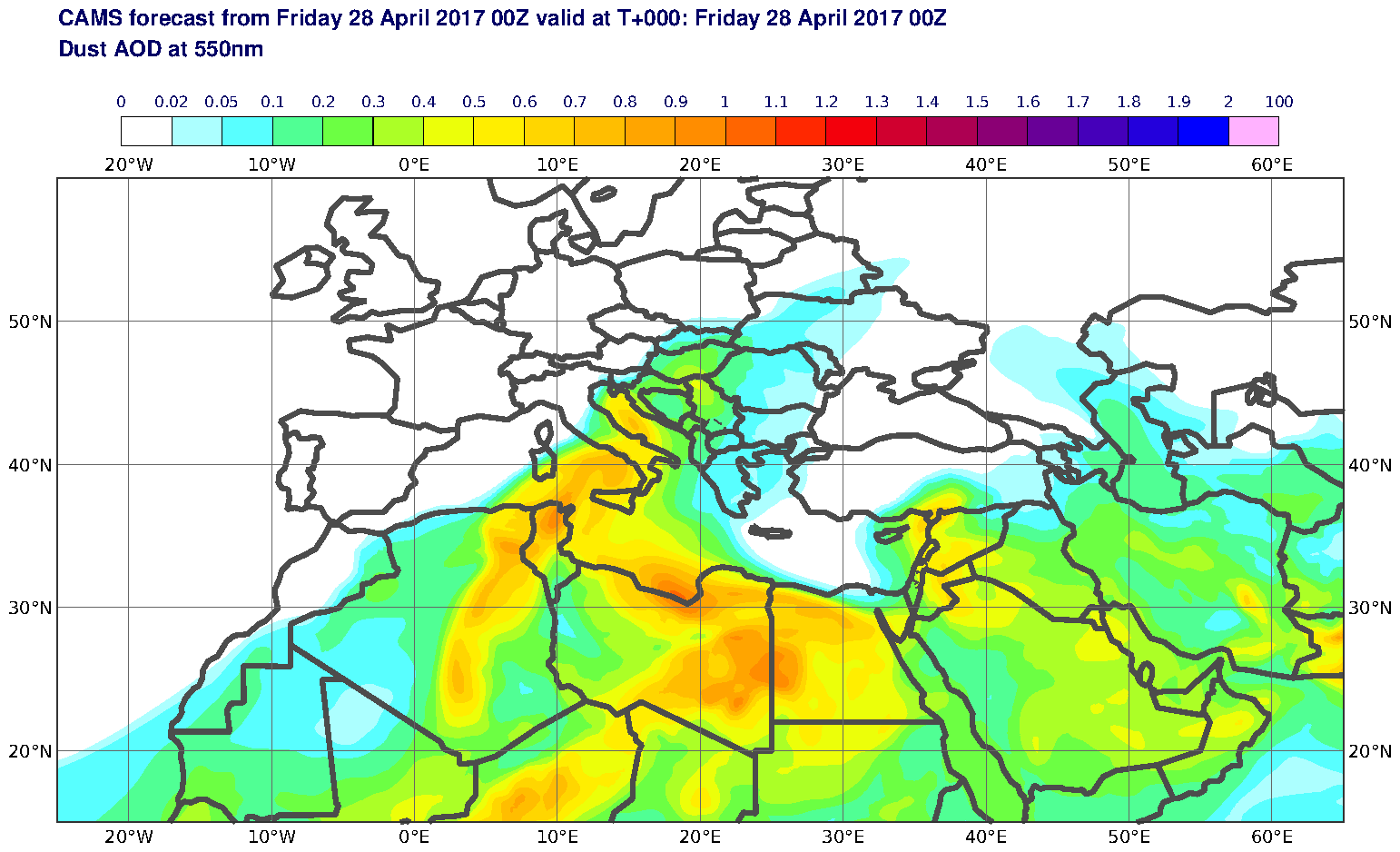 Dust AOD at 550nm valid at T0 - 2017-04-28 00:00