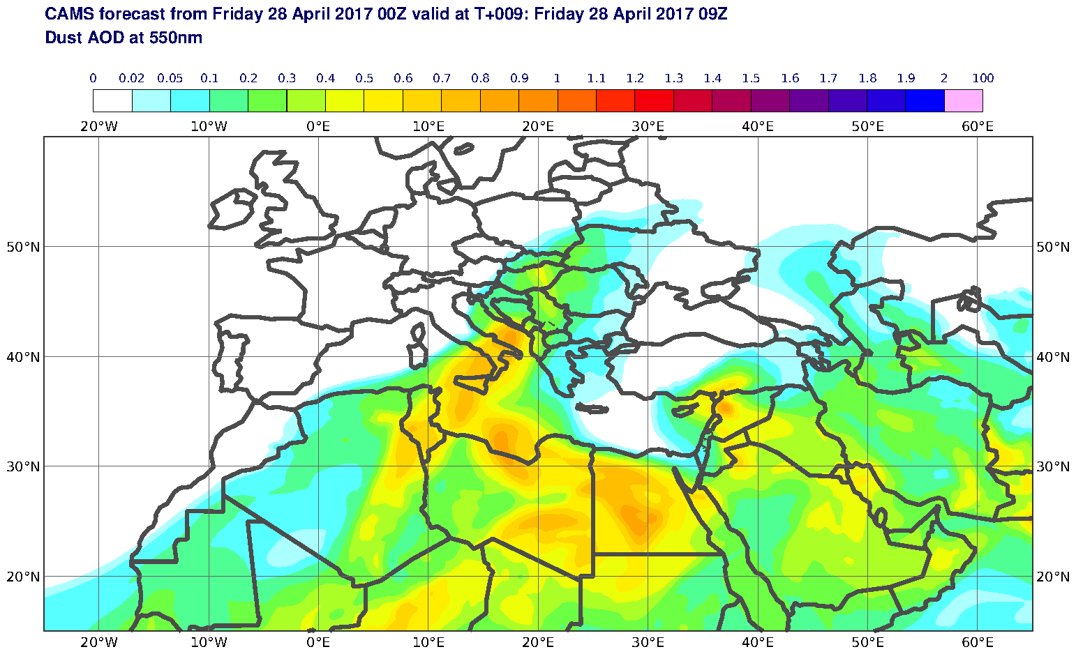 Dust AOD at 550nm valid at T9 - 2017-04-28 09:00