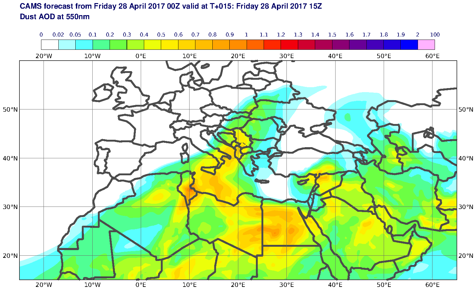 Dust AOD at 550nm valid at T15 - 2017-04-28 15:00