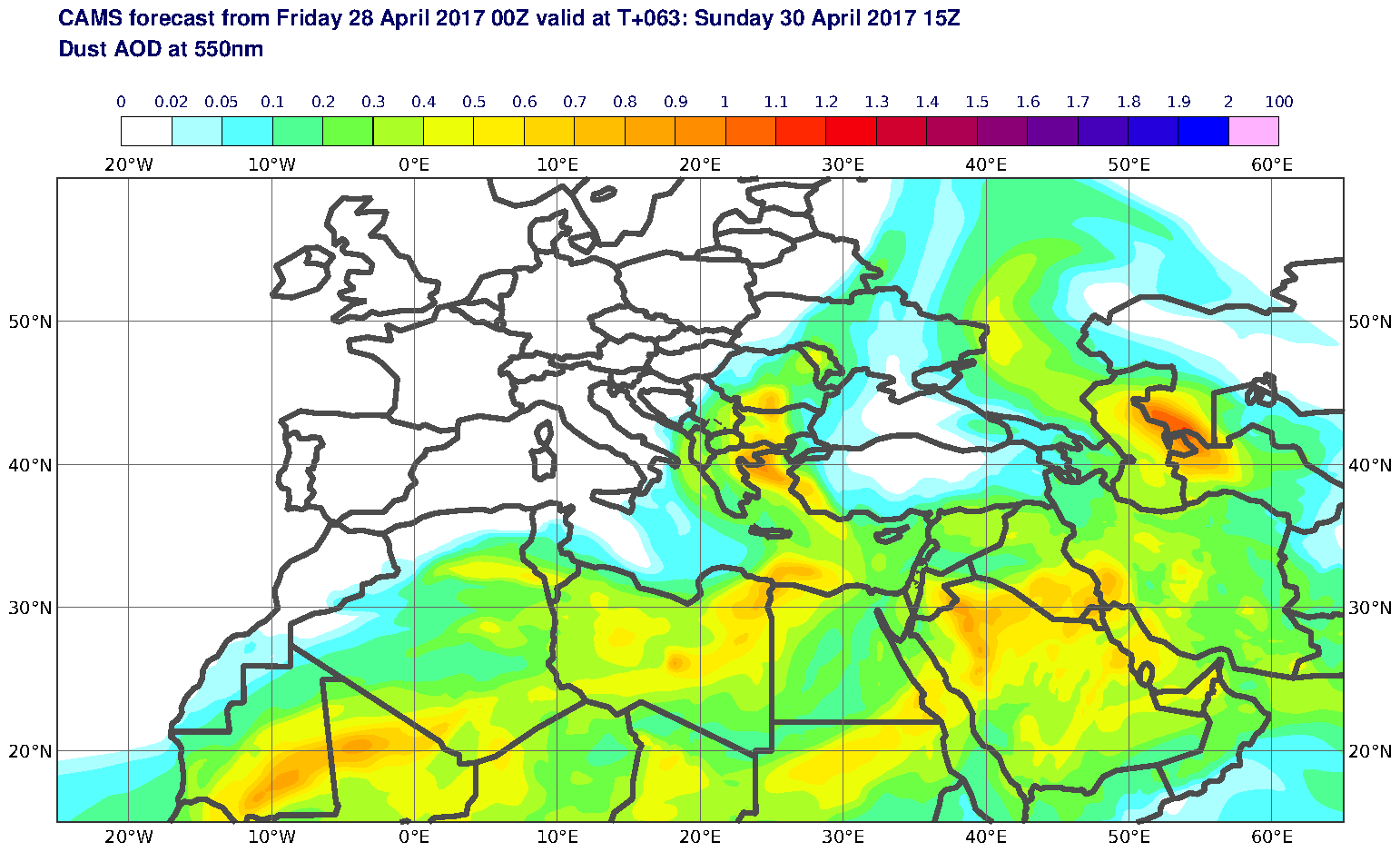 Dust AOD at 550nm valid at T63 - 2017-04-30 15:00