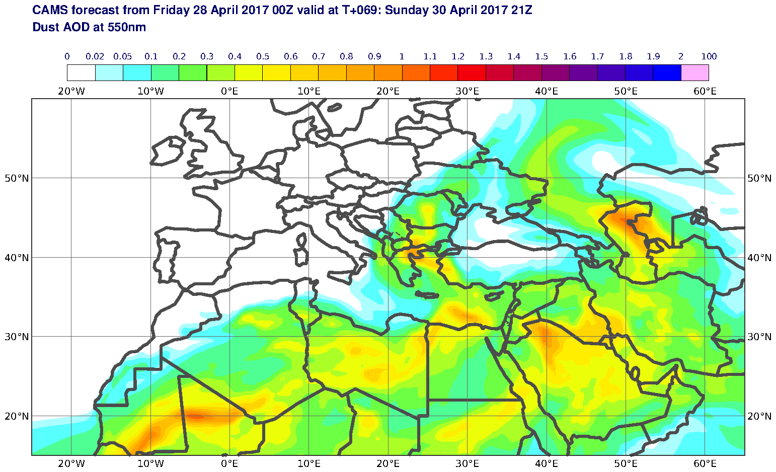 Dust AOD at 550nm valid at T69 - 2017-04-30 21:00