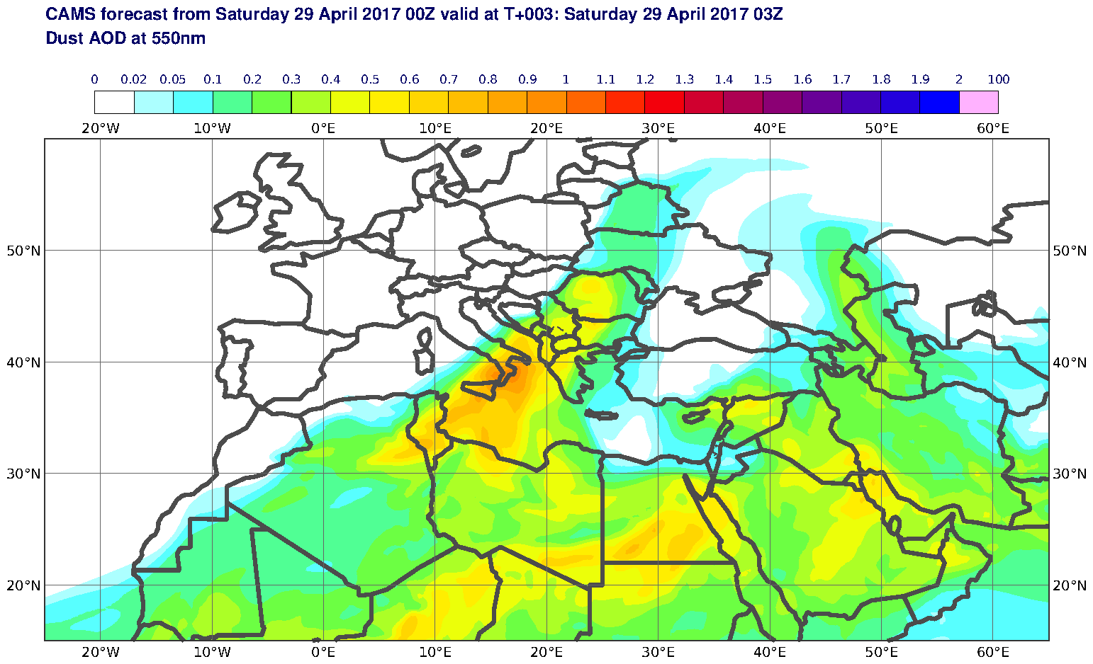 Dust AOD at 550nm valid at T3 - 2017-04-29 03:00