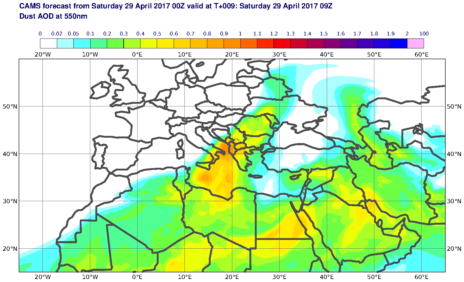 Dust AOD at 550nm valid at T9 - 2017-04-29 09:00