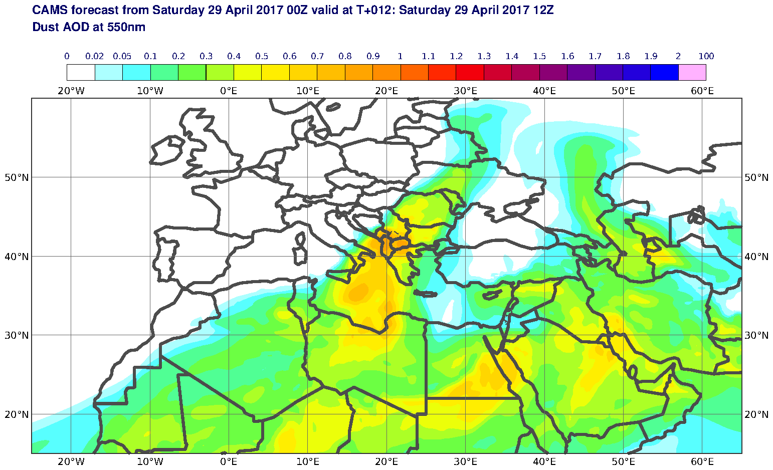 Dust AOD at 550nm valid at T12 - 2017-04-29 12:00