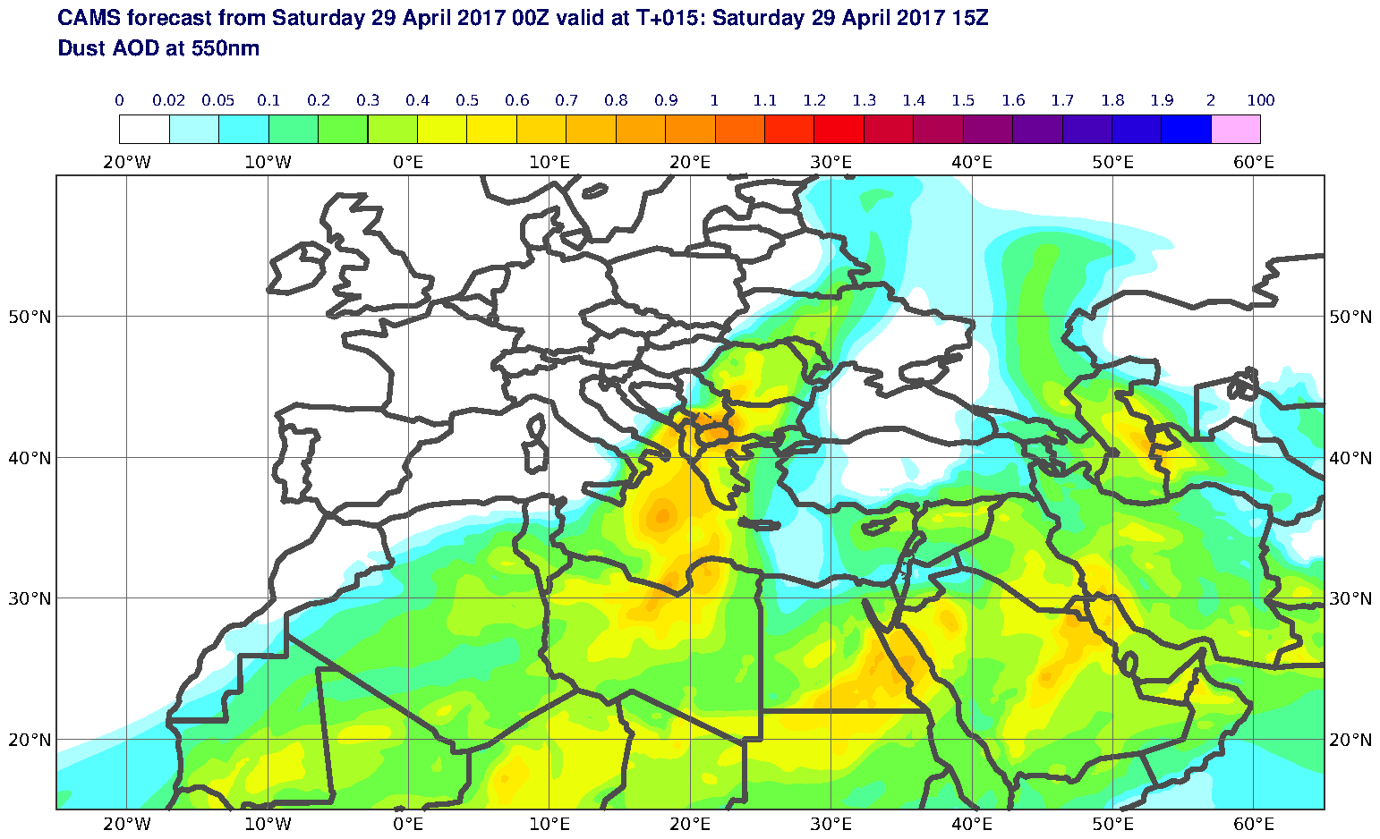 Dust AOD at 550nm valid at T15 - 2017-04-29 15:00