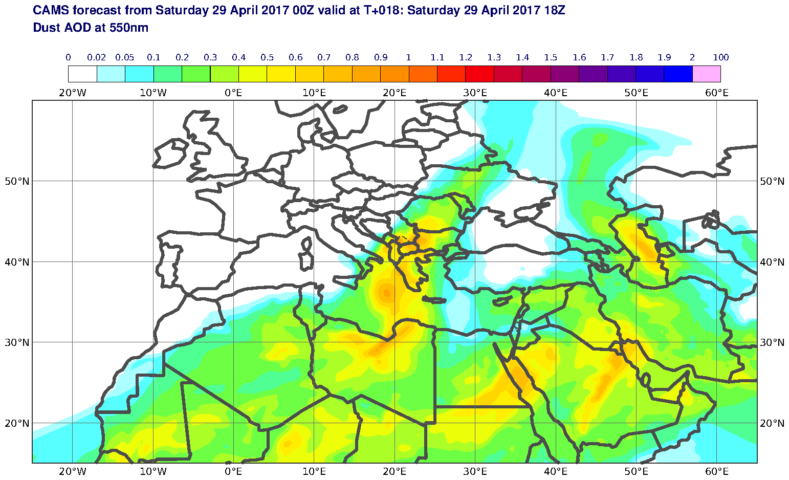 Dust AOD at 550nm valid at T18 - 2017-04-29 18:00