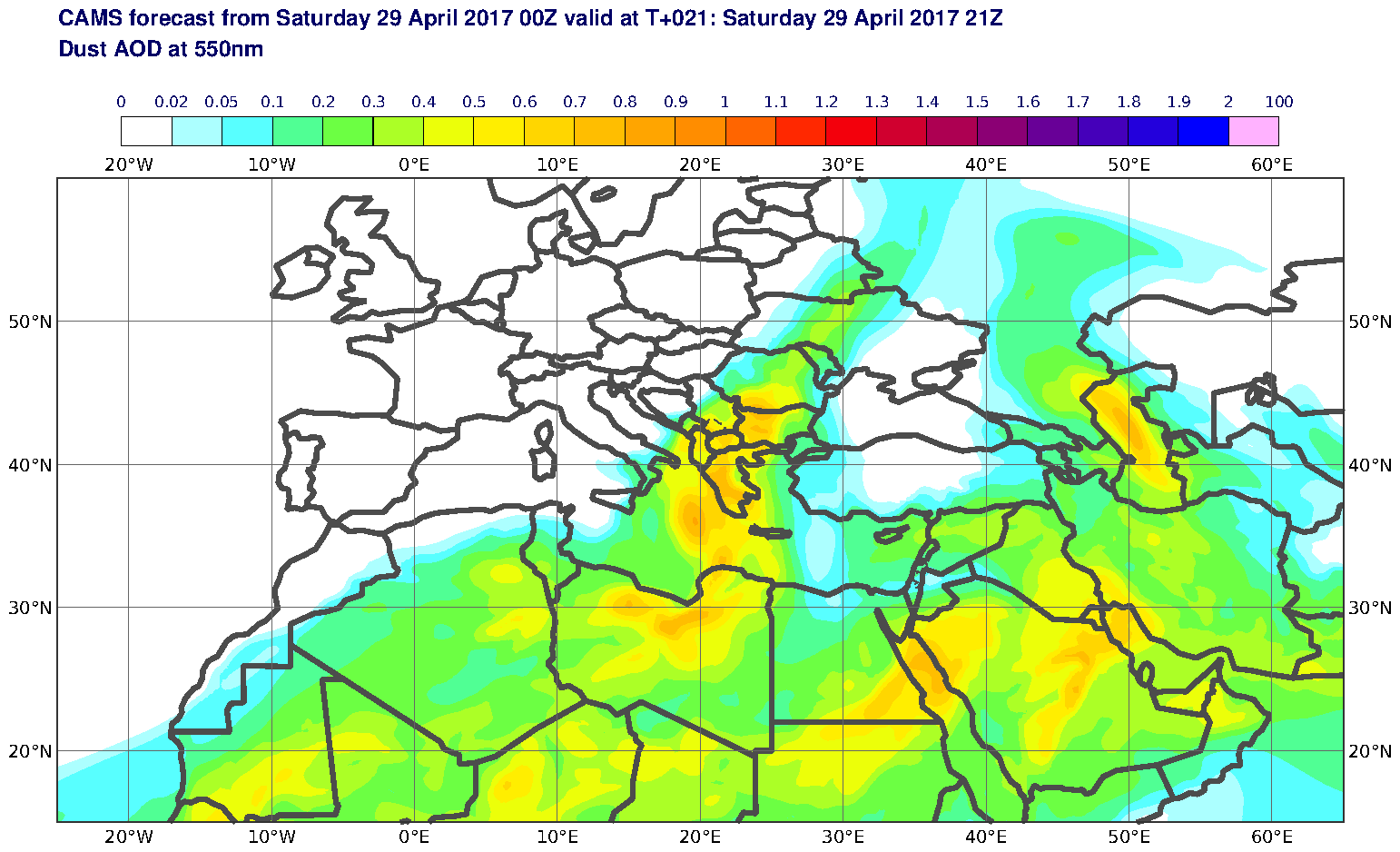 Dust AOD at 550nm valid at T21 - 2017-04-29 21:00