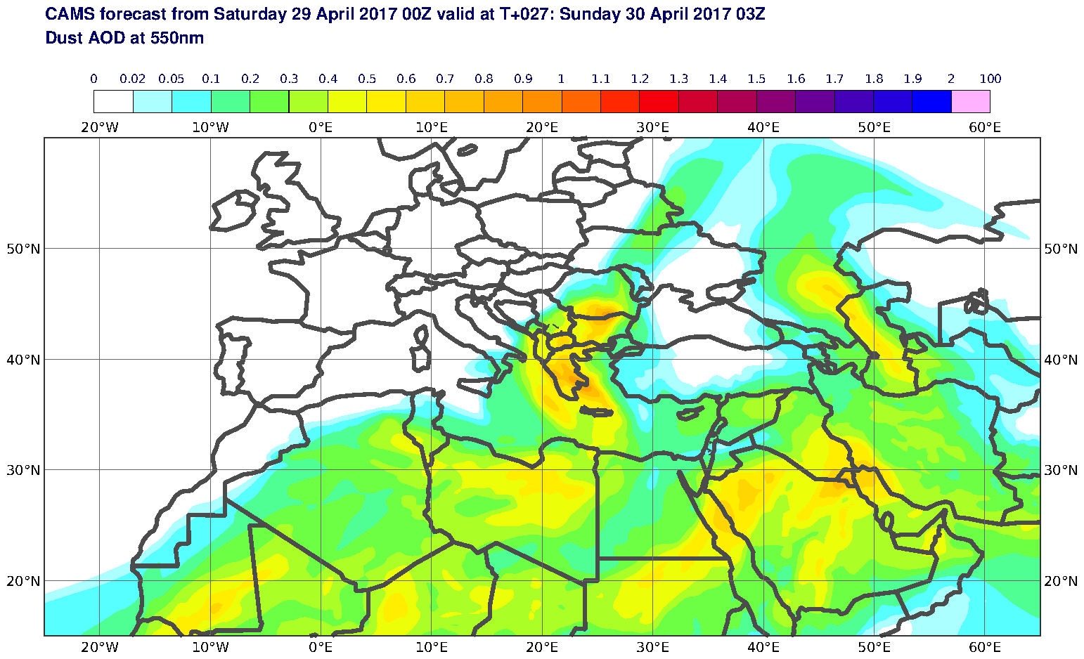 Dust AOD at 550nm valid at T27 - 2017-04-30 03:00