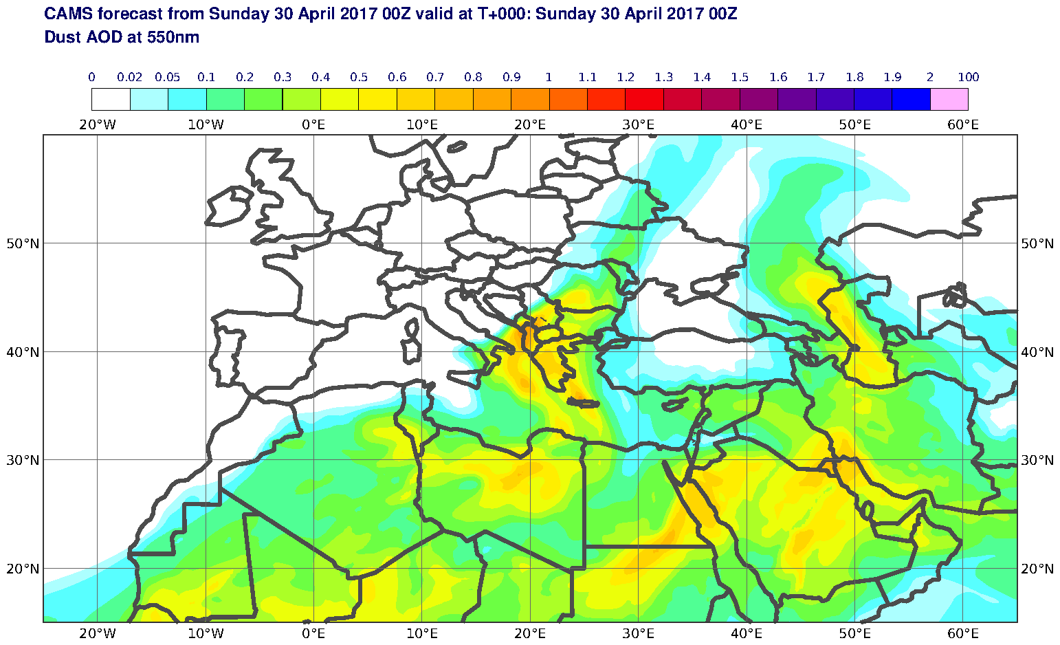 Dust AOD at 550nm valid at T0 - 2017-04-30 00:00
