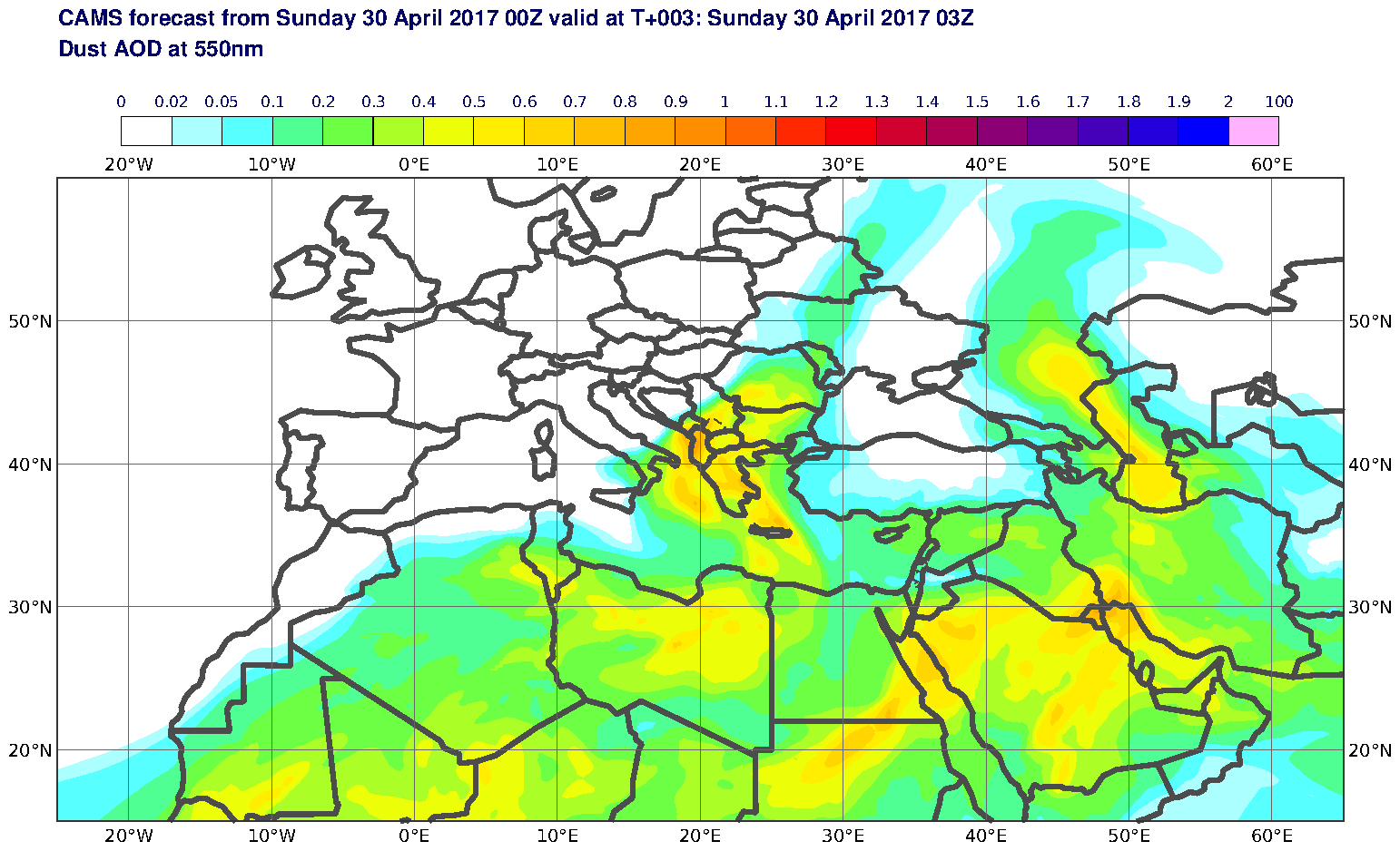 Dust AOD at 550nm valid at T3 - 2017-04-30 03:00