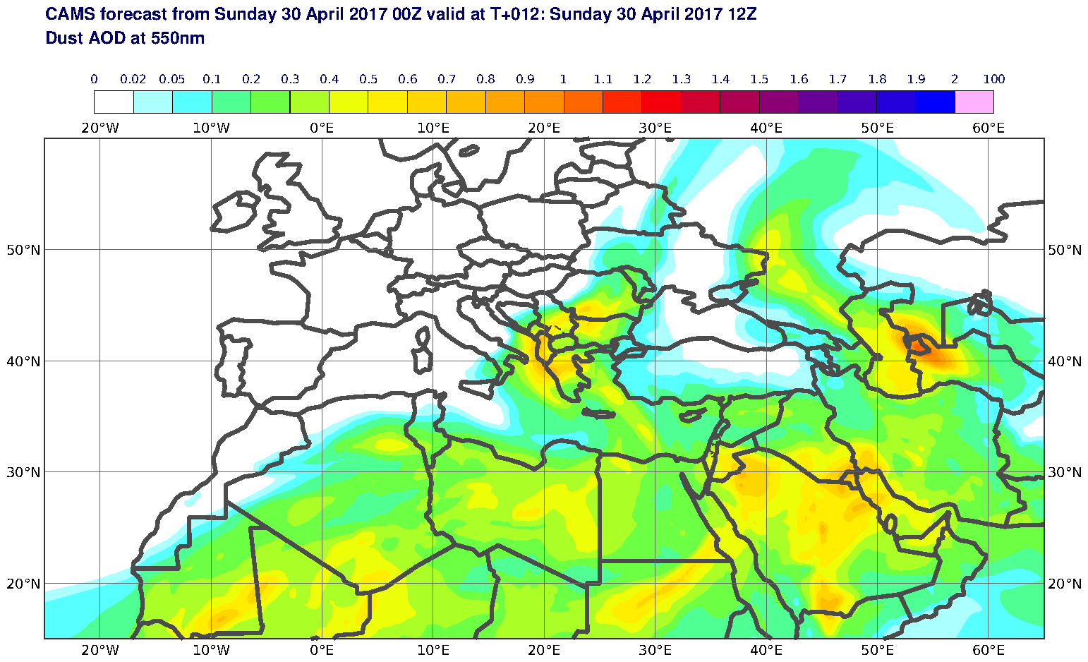 Dust AOD at 550nm valid at T12 - 2017-04-30 12:00