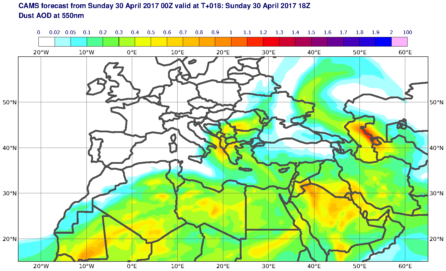 Dust AOD at 550nm valid at T18 - 2017-04-30 18:00