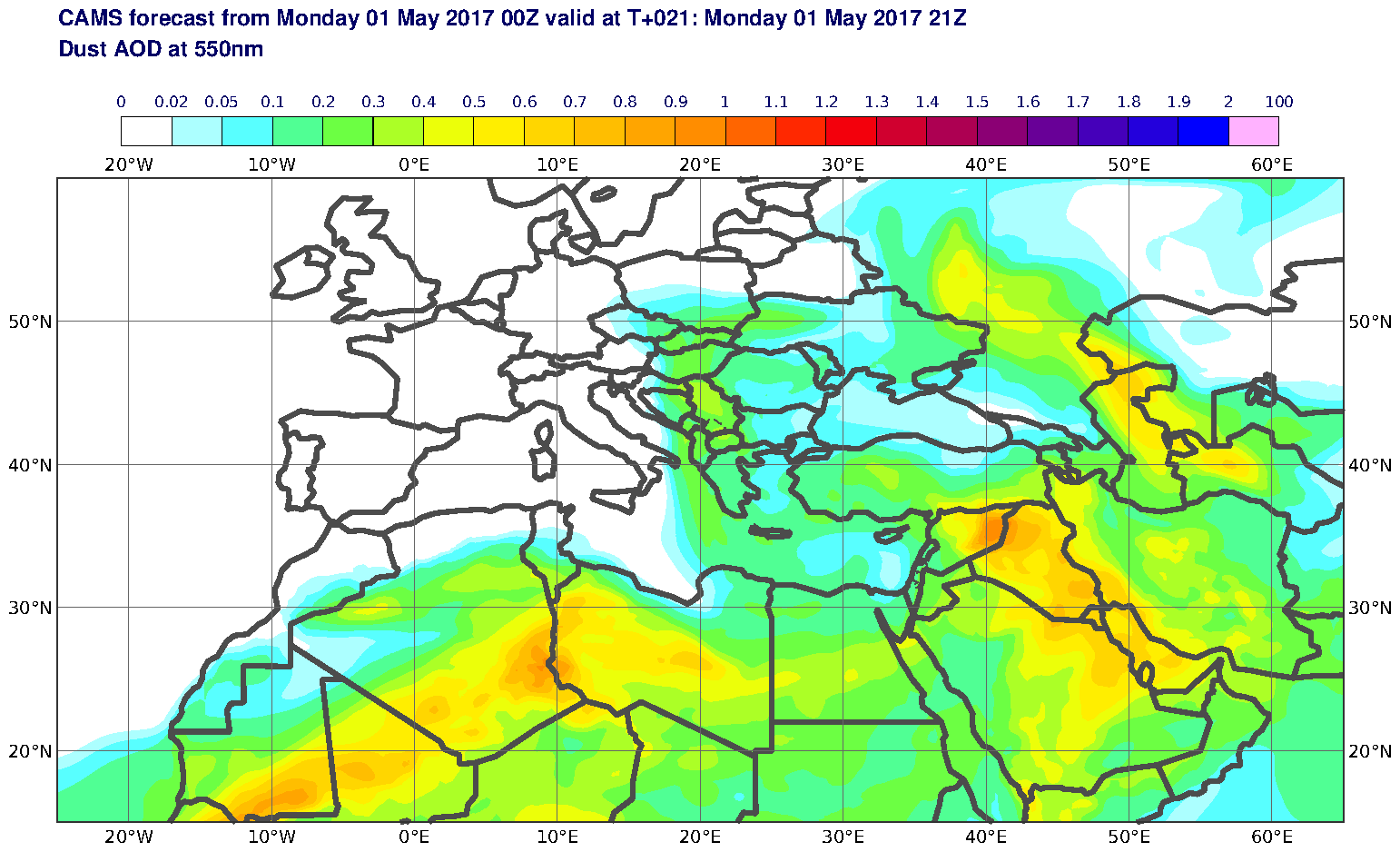 Dust AOD at 550nm valid at T21 - 2017-05-01 21:00