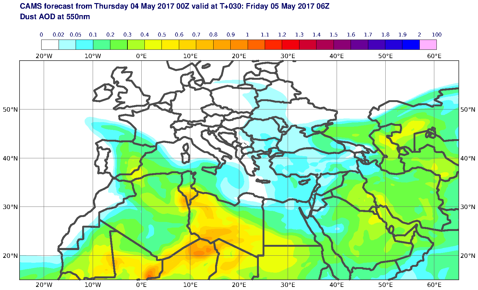 Dust AOD at 550nm valid at T30 - 2017-05-05 06:00