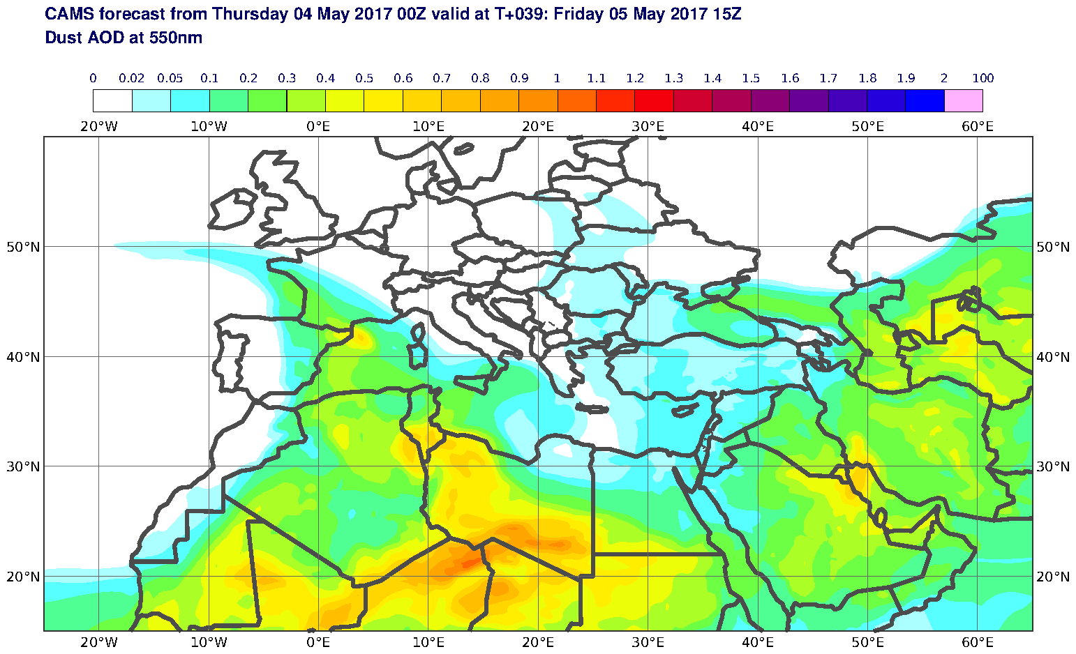 Dust AOD at 550nm valid at T39 - 2017-05-05 15:00