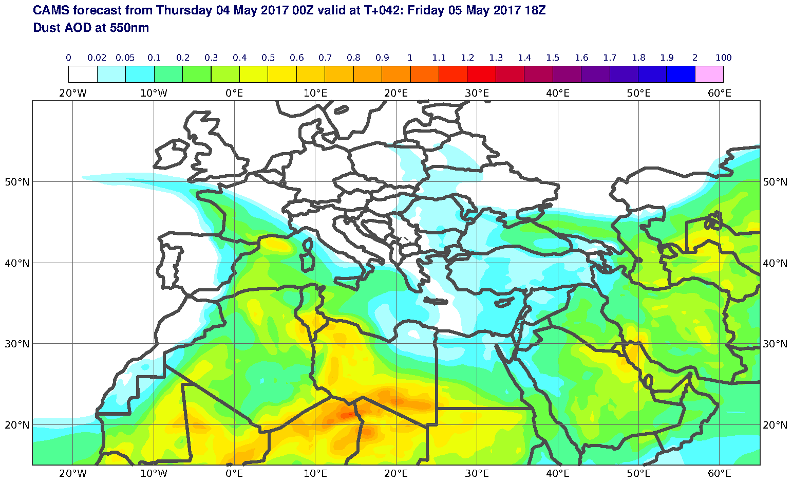 Dust AOD at 550nm valid at T42 - 2017-05-05 18:00