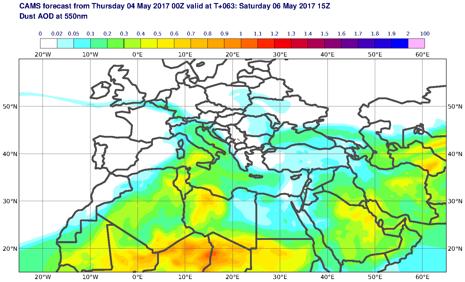 Dust AOD at 550nm valid at T63 - 2017-05-06 15:00