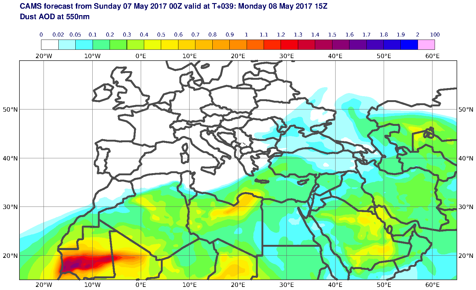 Dust AOD at 550nm valid at T39 - 2017-05-08 15:00