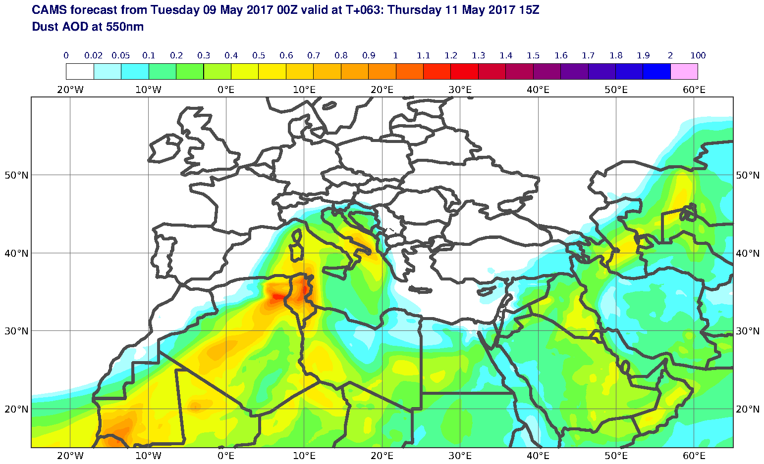 Dust AOD at 550nm valid at T63 - 2017-05-11 15:00
