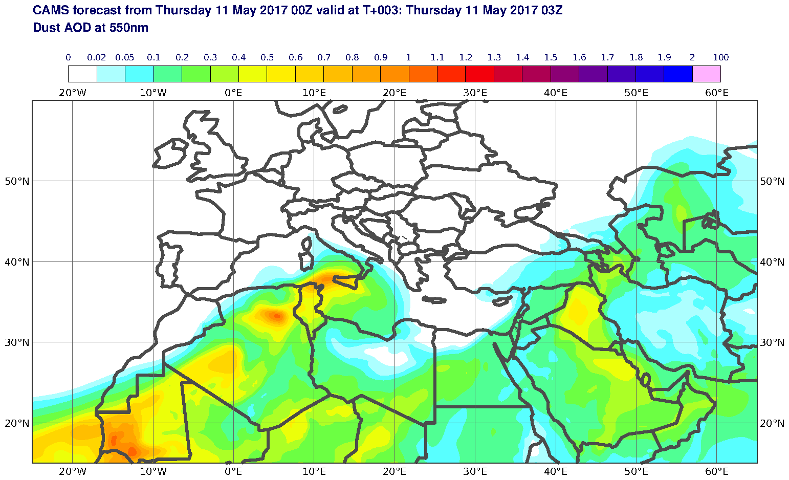 Dust AOD at 550nm valid at T3 - 2017-05-11 03:00