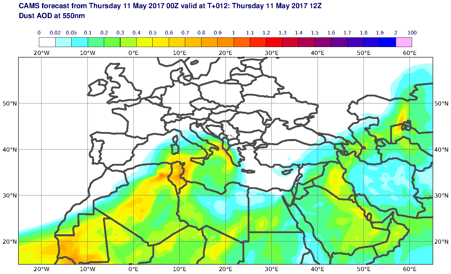Dust AOD at 550nm valid at T12 - 2017-05-11 12:00