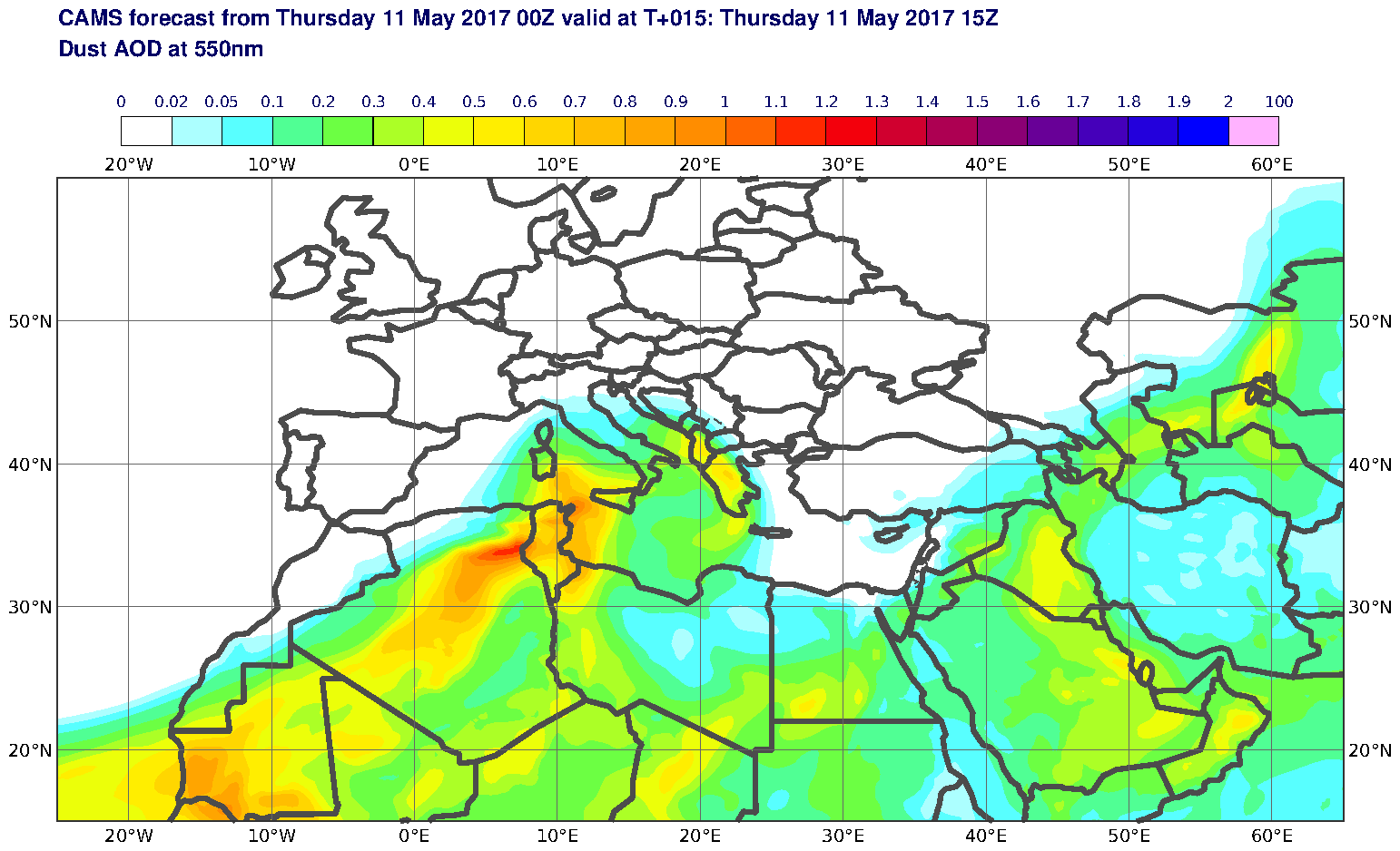 Dust AOD at 550nm valid at T15 - 2017-05-11 15:00
