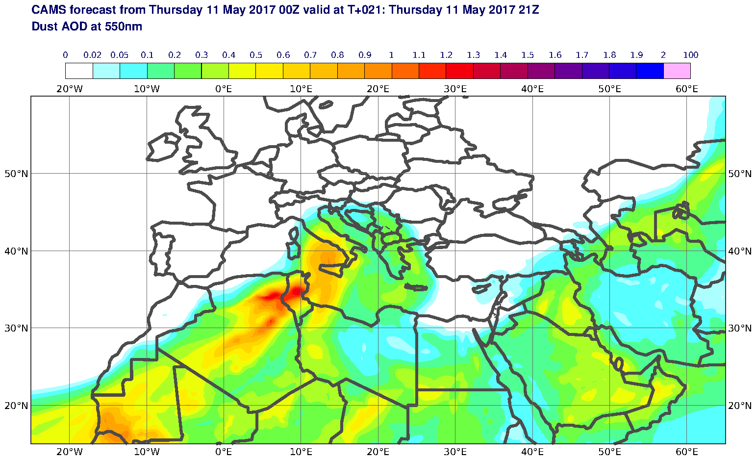 Dust AOD at 550nm valid at T21 - 2017-05-11 21:00