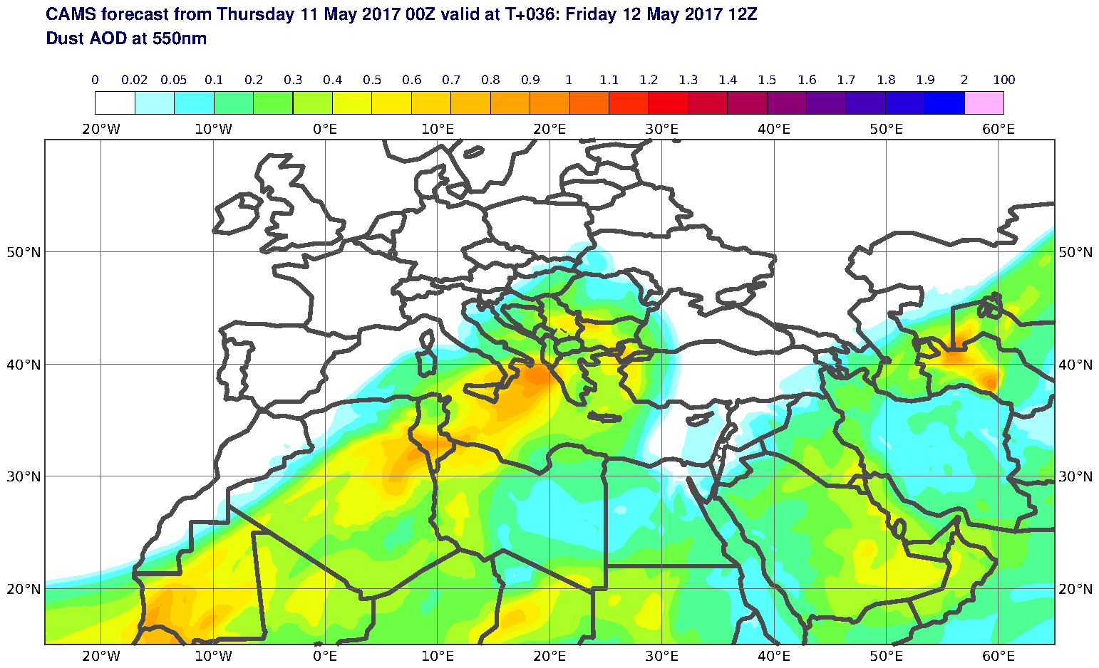 Dust AOD at 550nm valid at T36 - 2017-05-12 12:00
