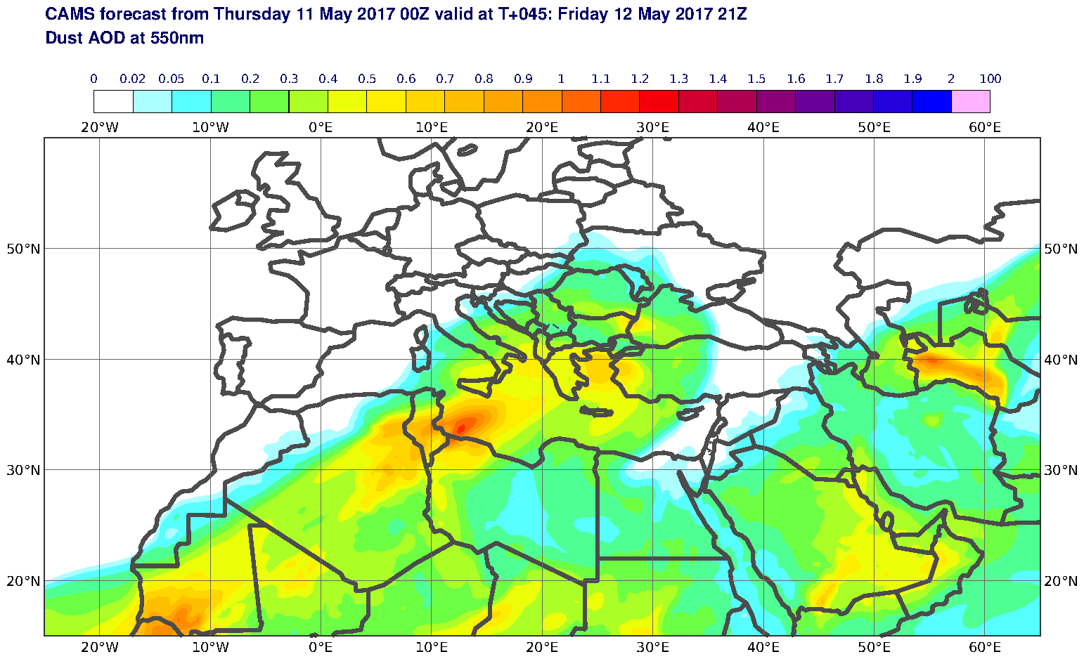 Dust AOD at 550nm valid at T45 - 2017-05-12 21:00