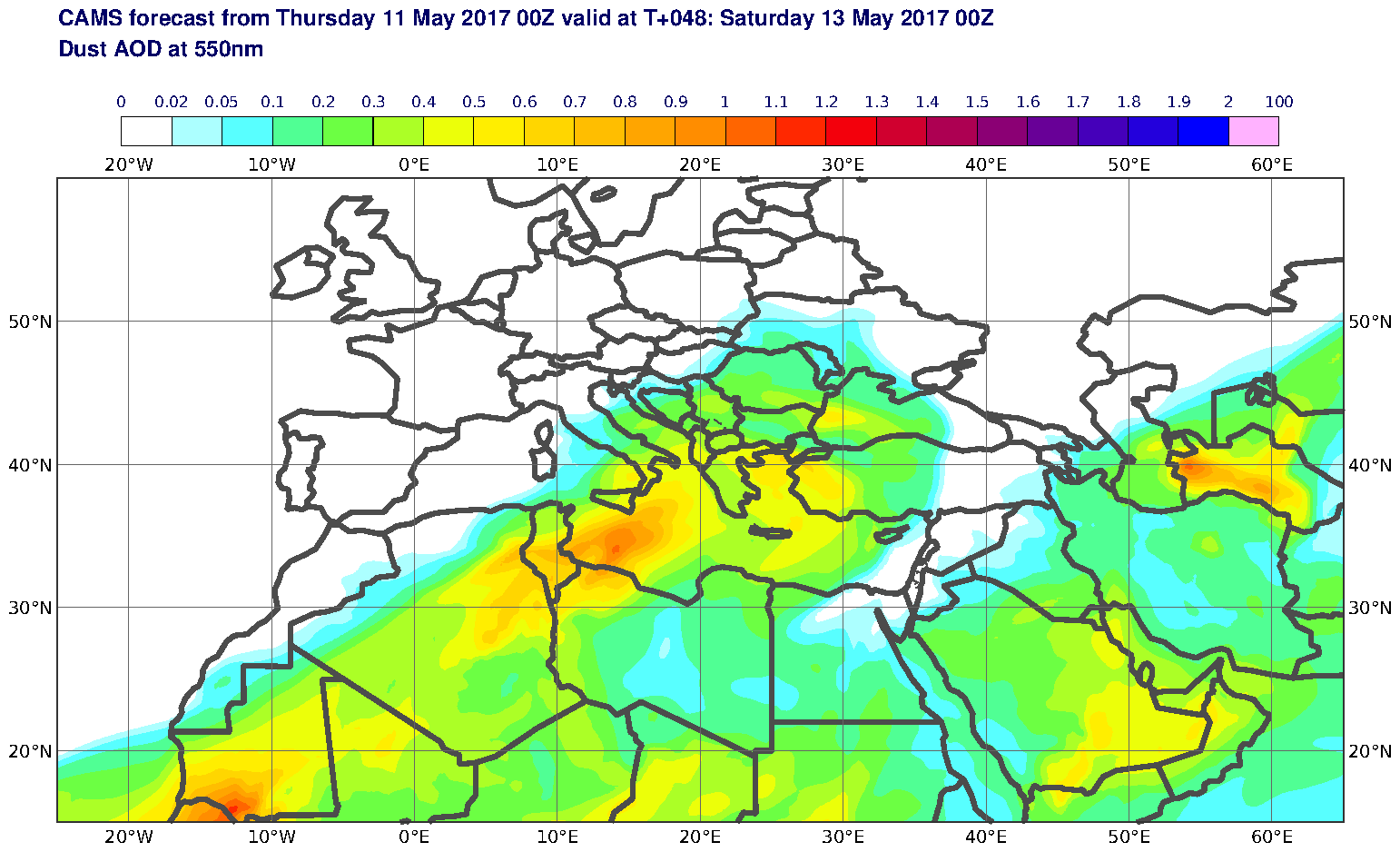 Dust AOD at 550nm valid at T48 - 2017-05-13 00:00