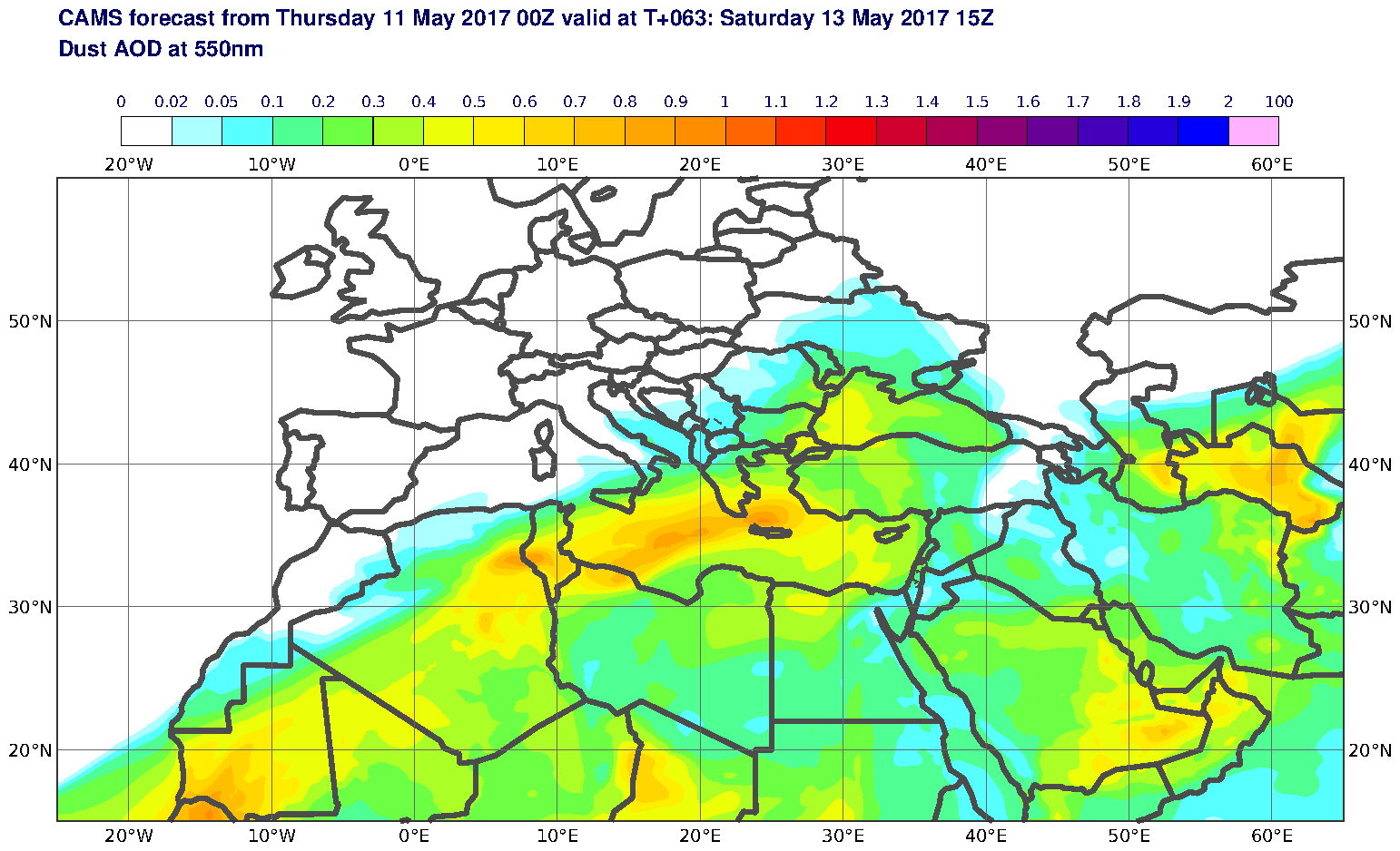 Dust AOD at 550nm valid at T63 - 2017-05-13 15:00