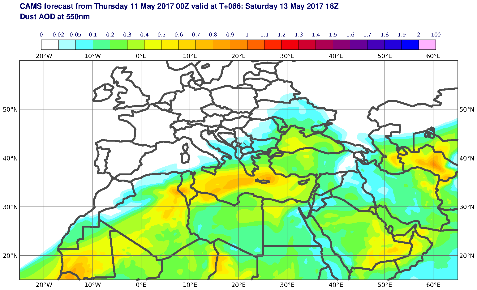 Dust AOD at 550nm valid at T66 - 2017-05-13 18:00