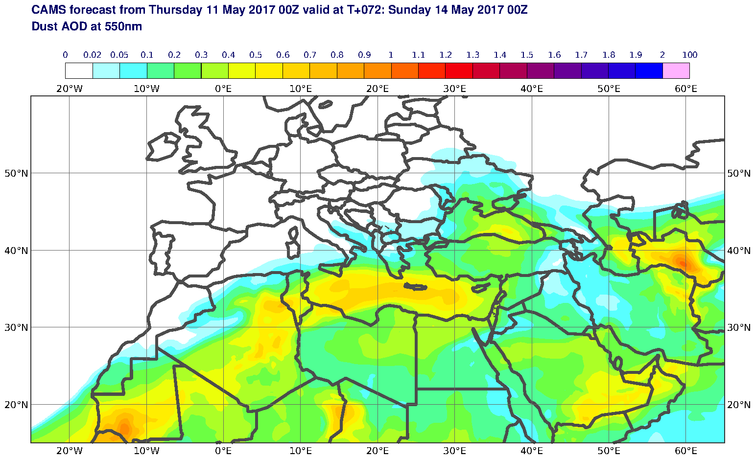 Dust AOD at 550nm valid at T72 - 2017-05-14 00:00