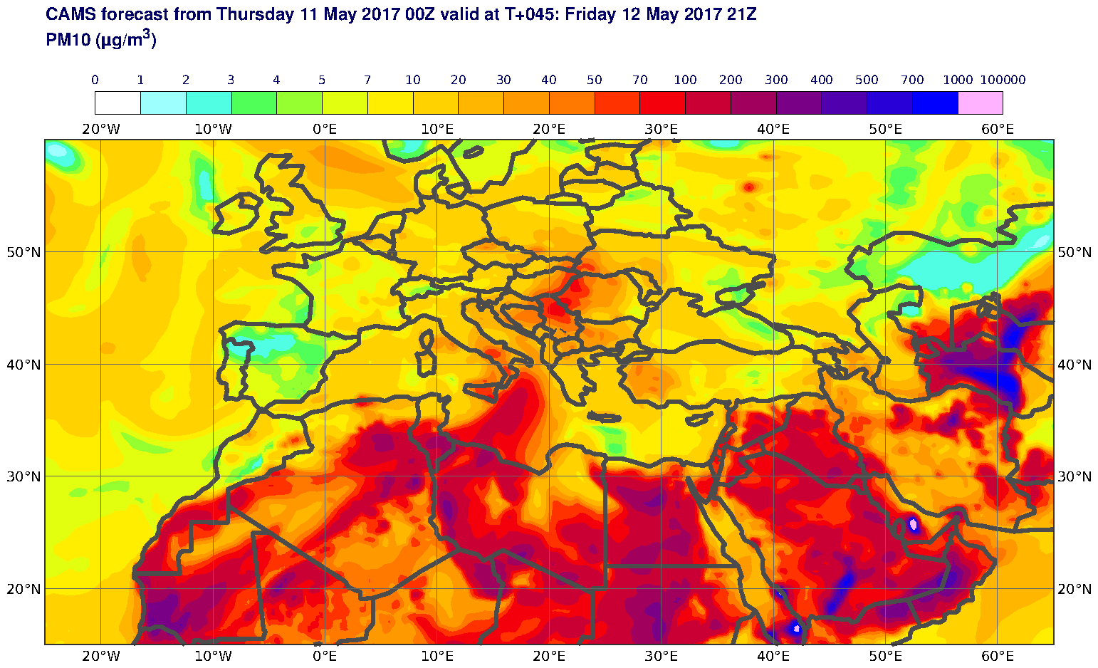 PM10 (μg/m3) valid at T45 - 2017-05-12 21:00