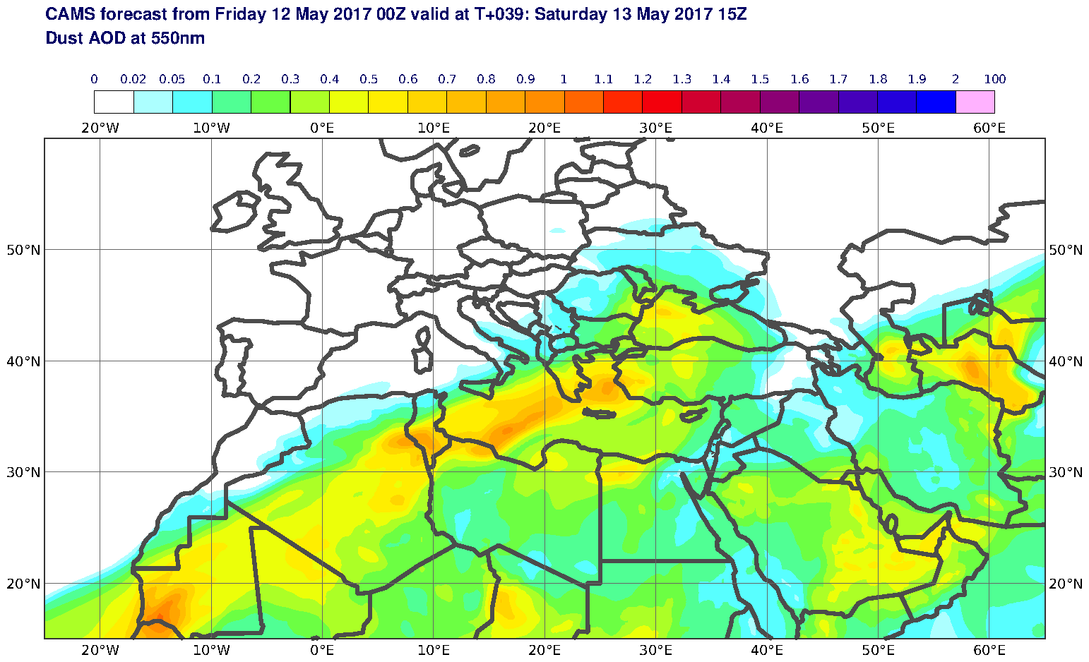 Dust AOD at 550nm valid at T39 - 2017-05-13 15:00