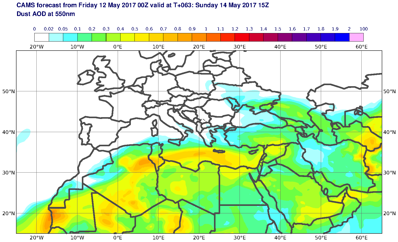 Dust AOD at 550nm valid at T63 - 2017-05-14 15:00