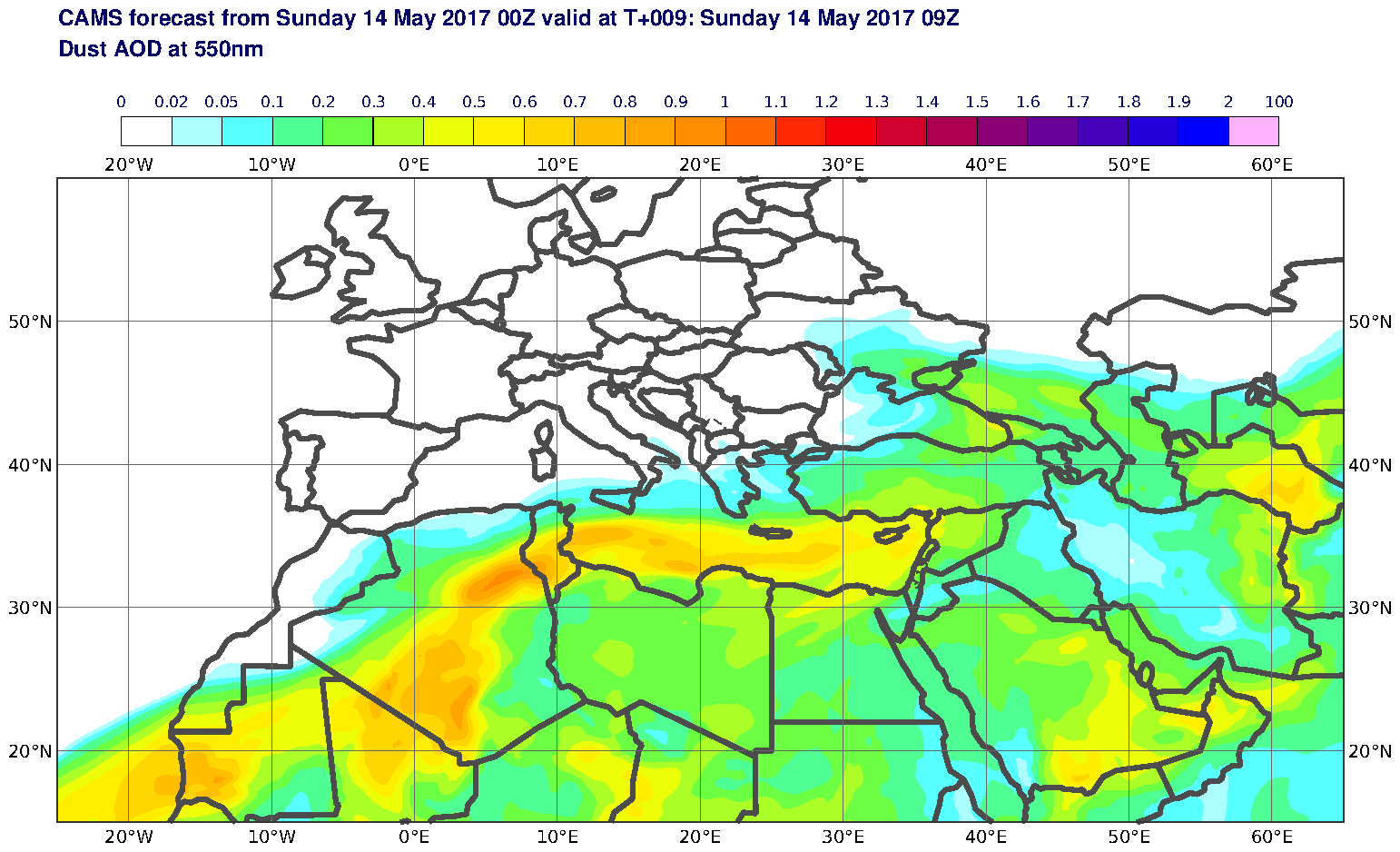 Dust AOD at 550nm valid at T9 - 2017-05-14 09:00