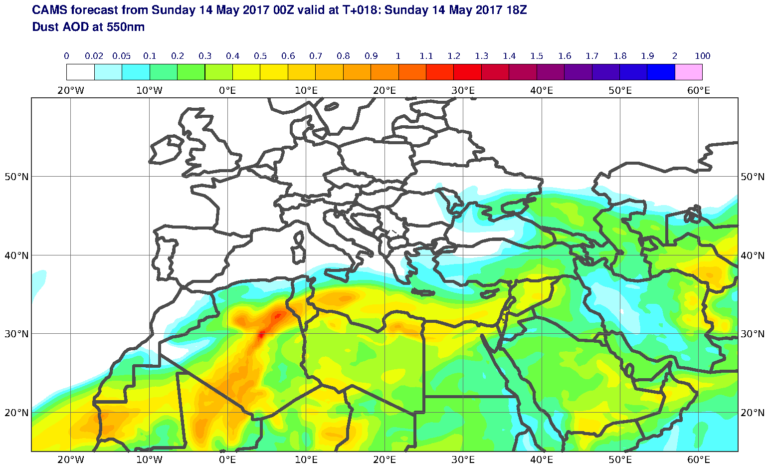 Dust AOD at 550nm valid at T18 - 2017-05-14 18:00