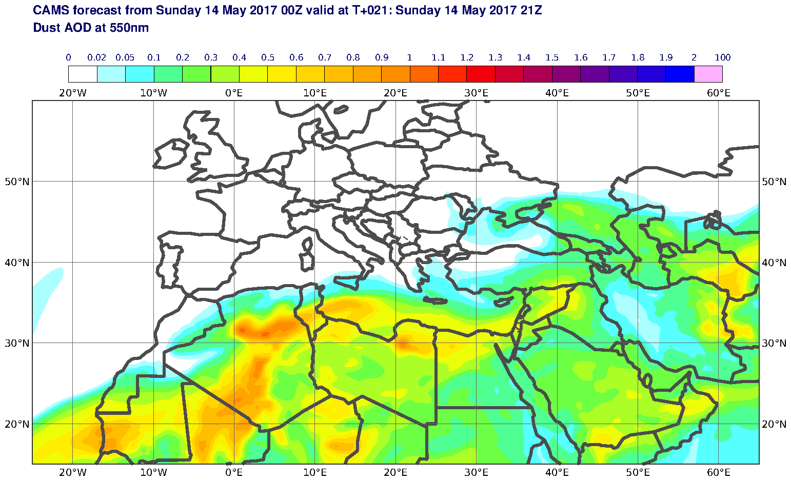 Dust AOD at 550nm valid at T21 - 2017-05-14 21:00