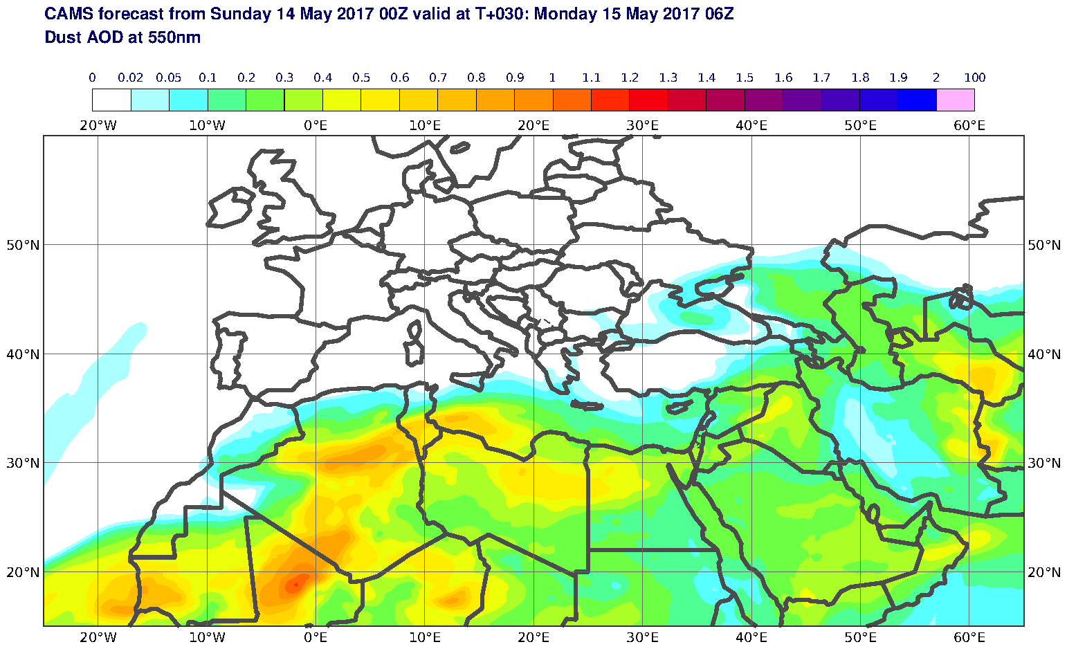 Dust AOD at 550nm valid at T30 - 2017-05-15 06:00