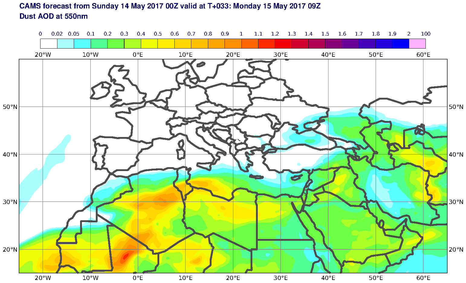 Dust AOD at 550nm valid at T33 - 2017-05-15 09:00