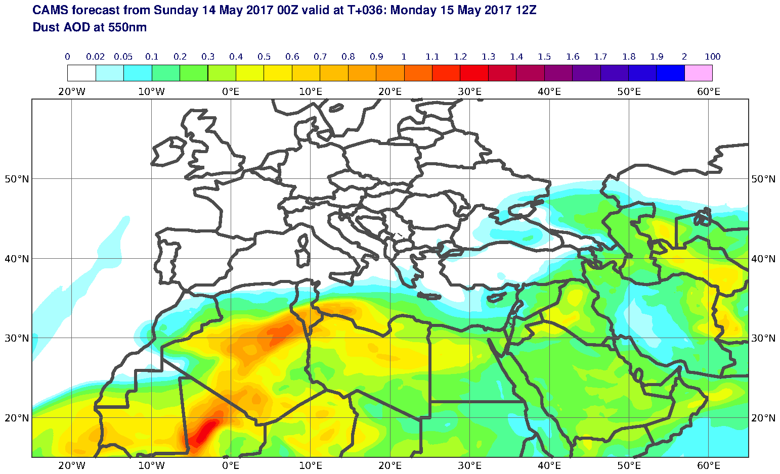 Dust AOD at 550nm valid at T36 - 2017-05-15 12:00