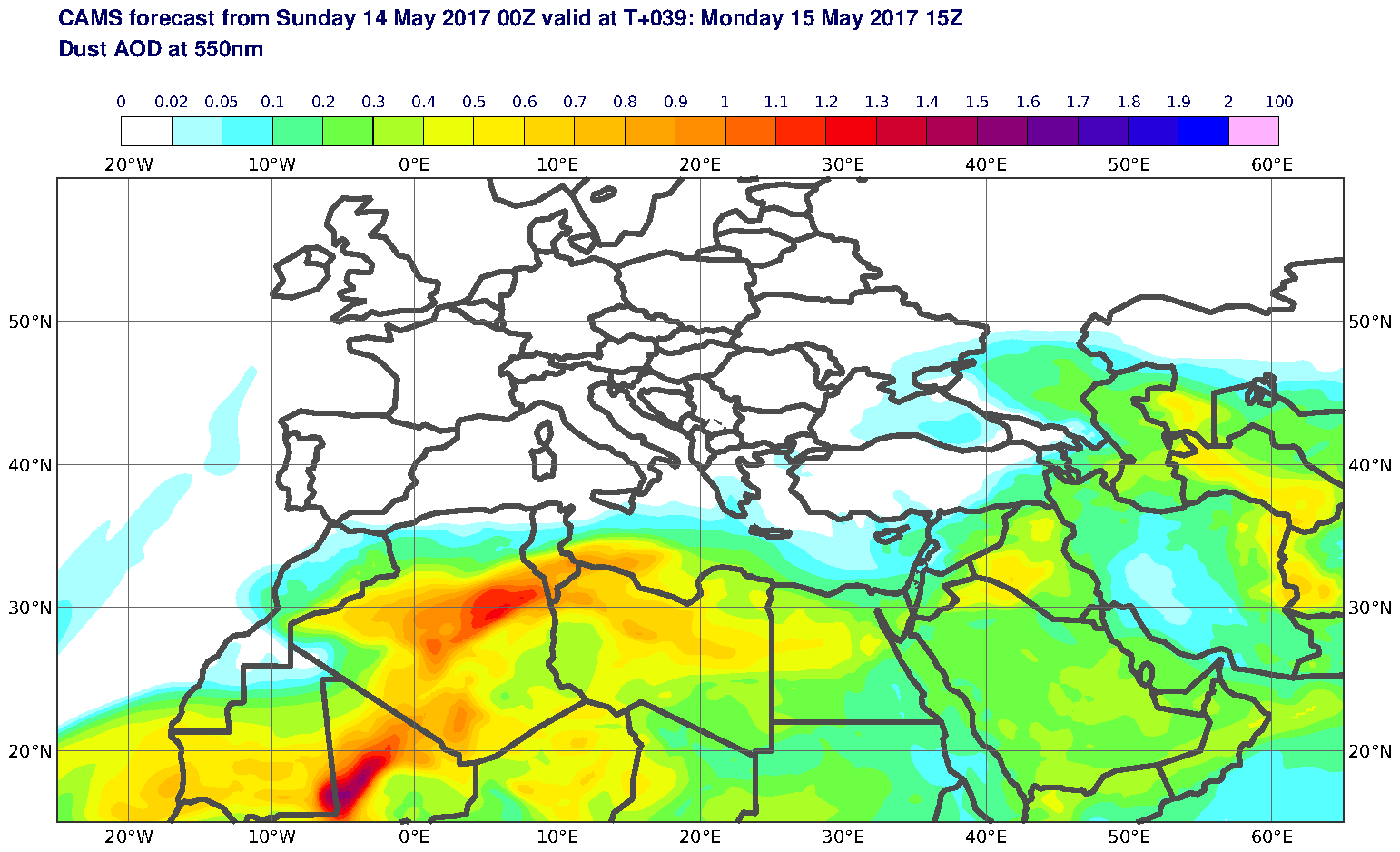 Dust AOD at 550nm valid at T39 - 2017-05-15 15:00