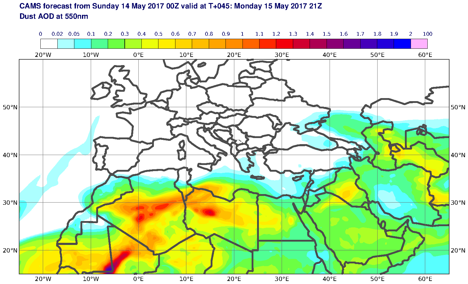 Dust AOD at 550nm valid at T45 - 2017-05-15 21:00