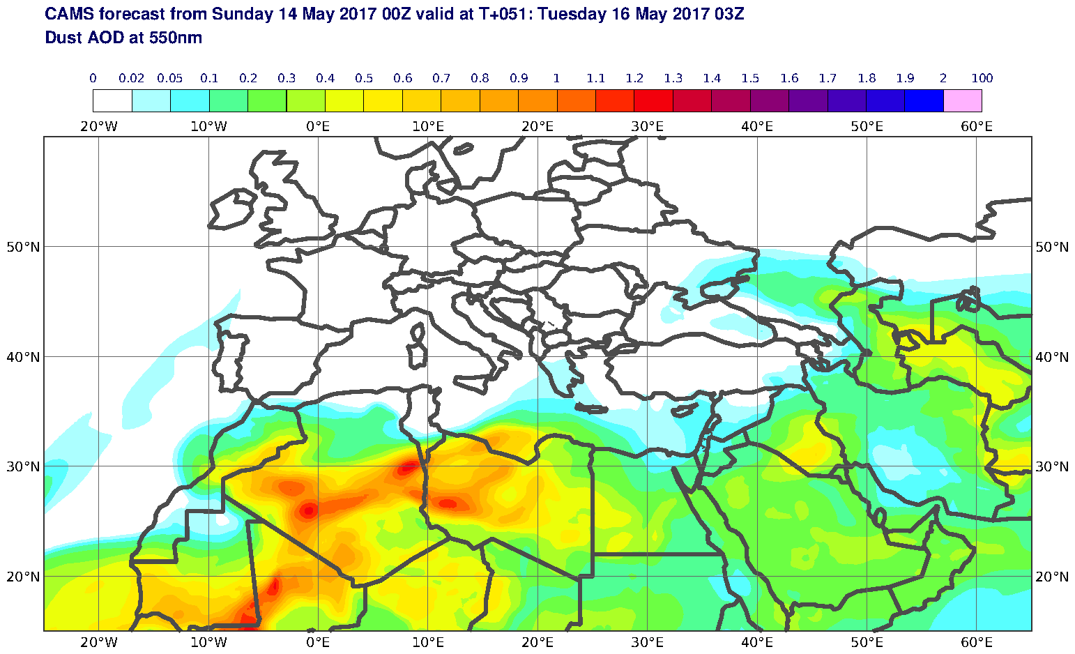 Dust AOD at 550nm valid at T51 - 2017-05-16 03:00