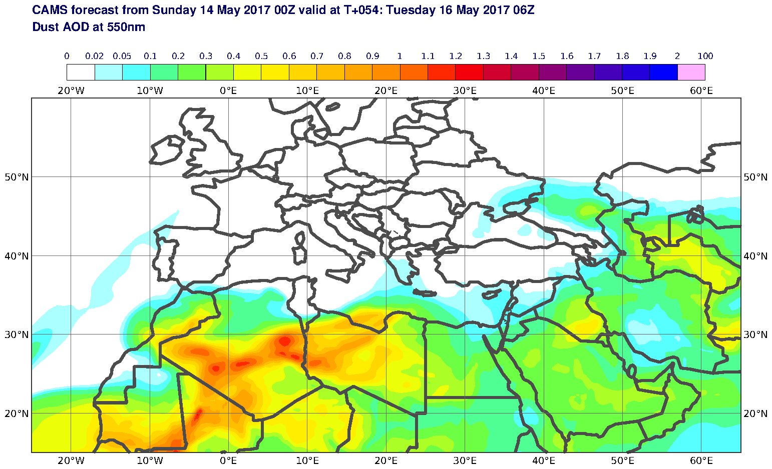 Dust AOD at 550nm valid at T54 - 2017-05-16 06:00