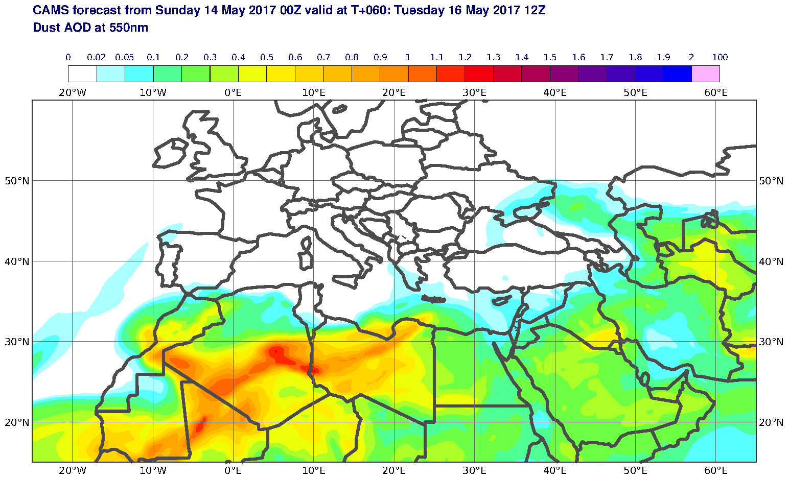 Dust AOD at 550nm valid at T60 - 2017-05-16 12:00